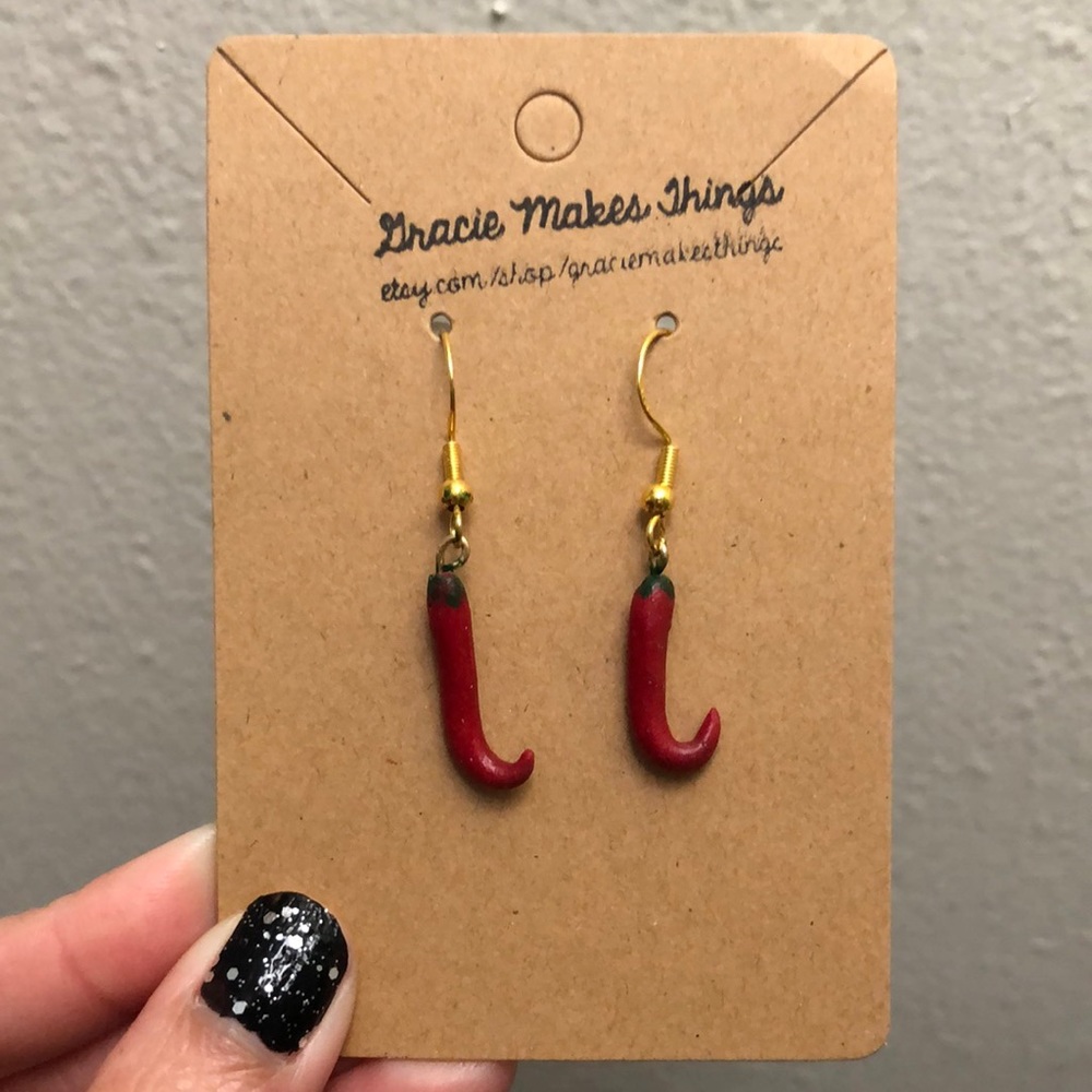 *Never worn* handmade red chili pepper gold earrings